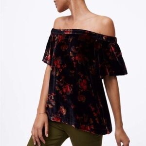 LOFT Black and Red Floral Velvet Blouse